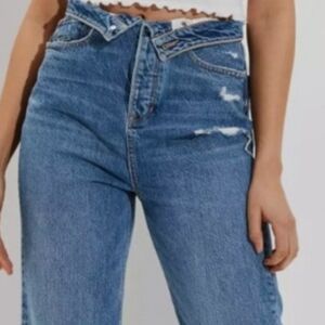 NEW! AMERICAN EAGLE Baggy High Waist Fold Over Denim Jeans 16.